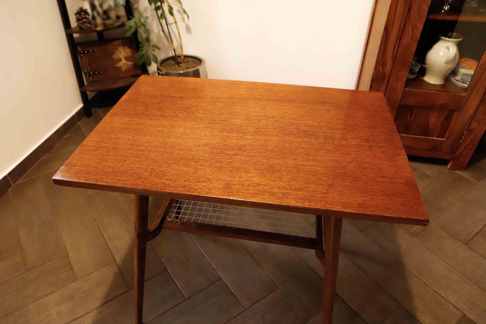 Brussels Style Retro Table With Woven Shelf – Dřevopodnik Holešov, 1960s photo Furniture