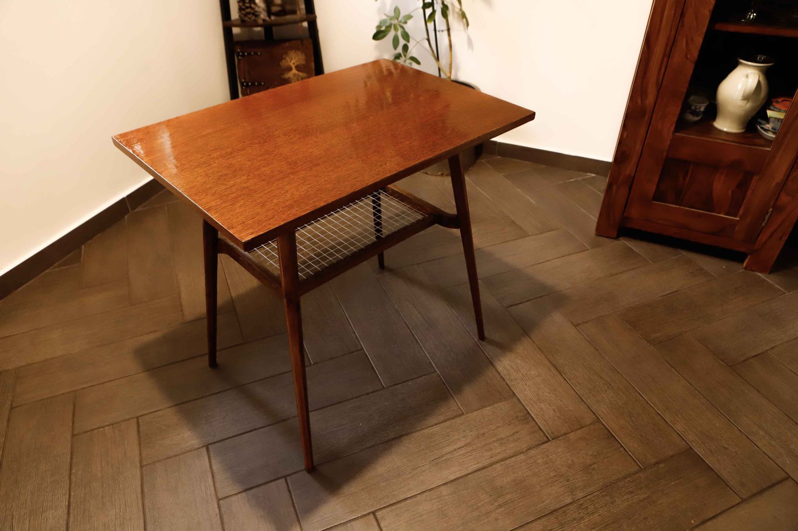 Brussels Style Retro Table With Woven Shelf – Dřevopodnik Holešov, 1960s photo vinterior