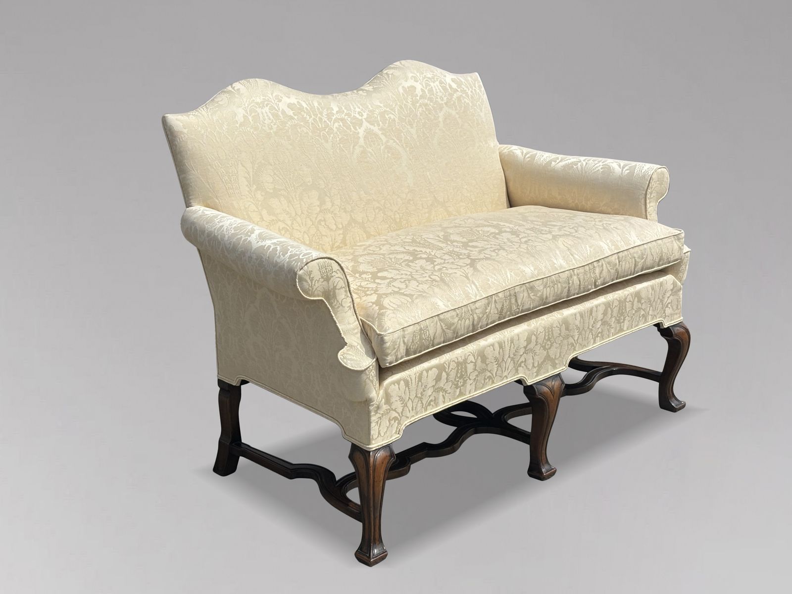 Edwardian Period Carved Walnut Upholstered Settee Of The Queen Anne Style photo vinterior