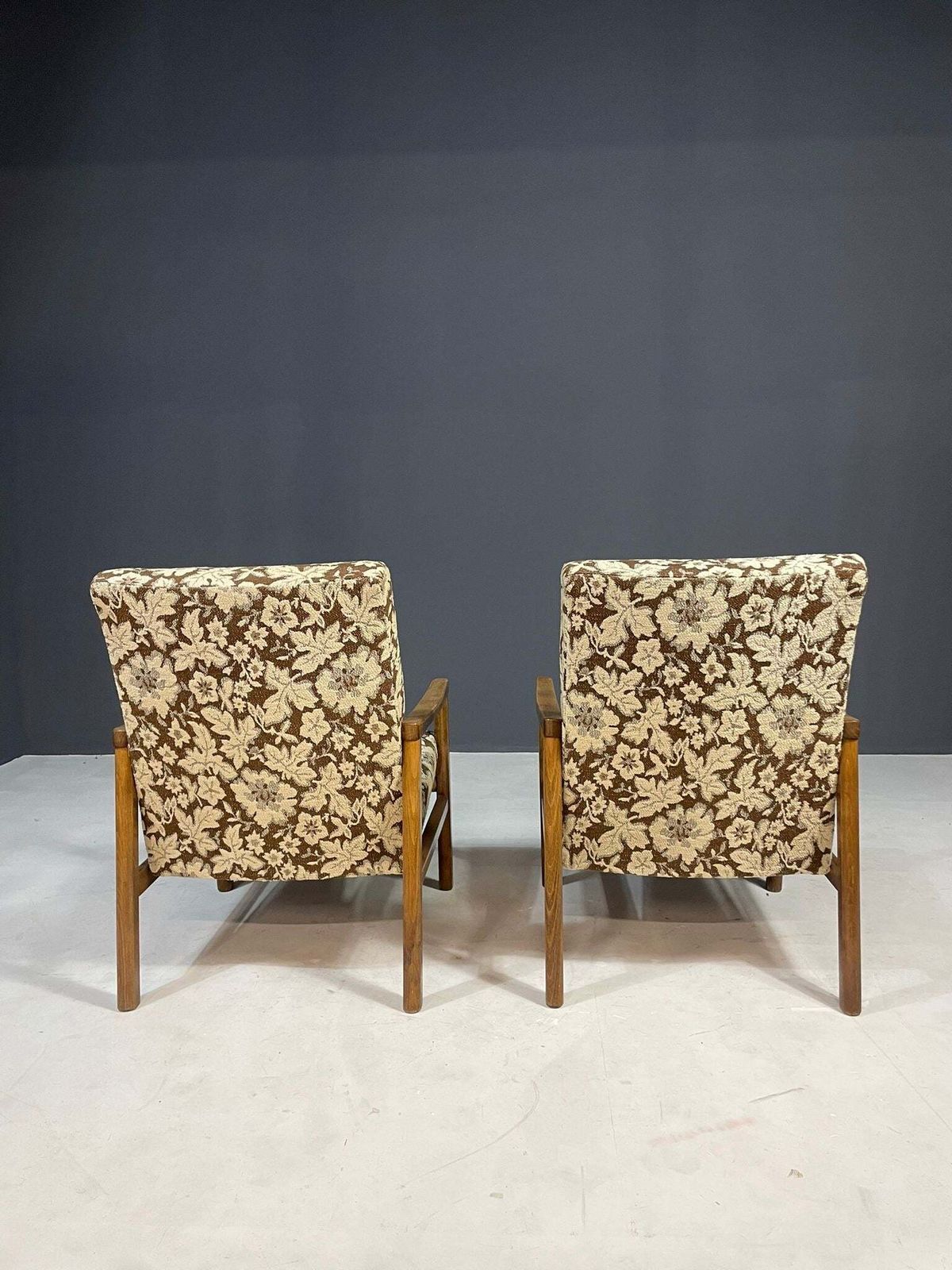 Pair Of Retro Armchairs With Floral Upholstery, Czechoslovakia, 1960s photo for sale