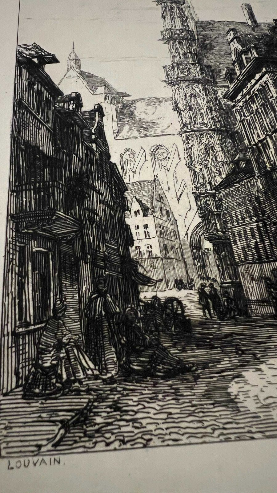 Antique 1878 Louvain Belgium Architectural Etching By Sir Ernest George | Historic City View With Hotel De Ville & Cathedral Spire photo vinterior