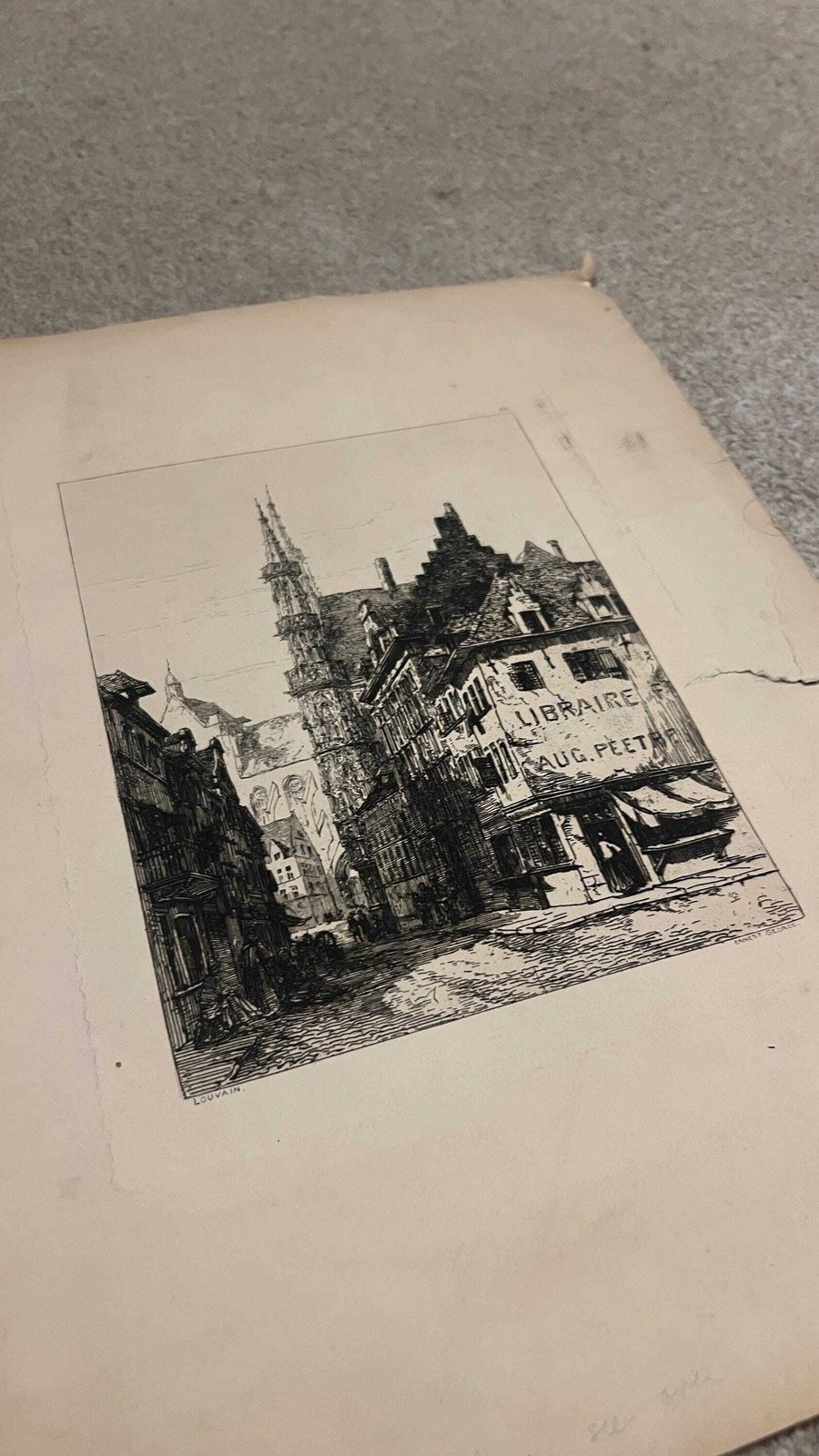 photo for sale Antique 1878 Louvain Belgium Architectural Etching By Sir Ernest George | Historic City View With Hotel De Ville & Cathedral Spire