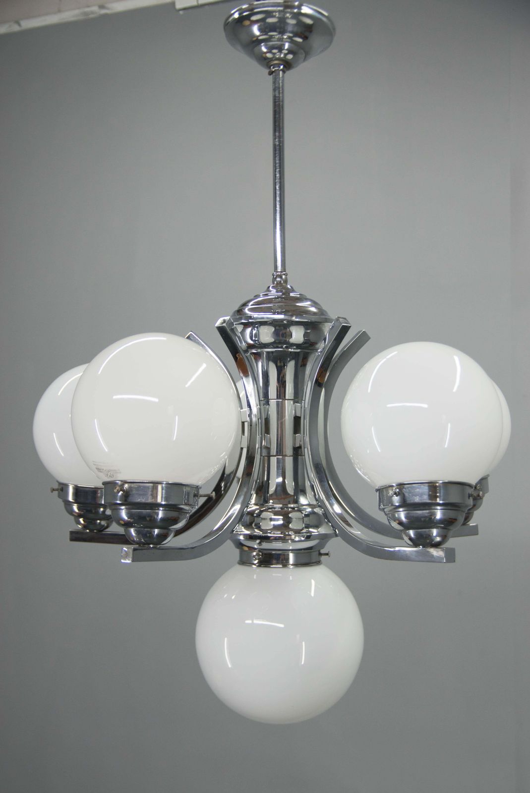 Big Art Deco 6 Flamming Chrome And Glass Chandelier, 1930s photo furniture