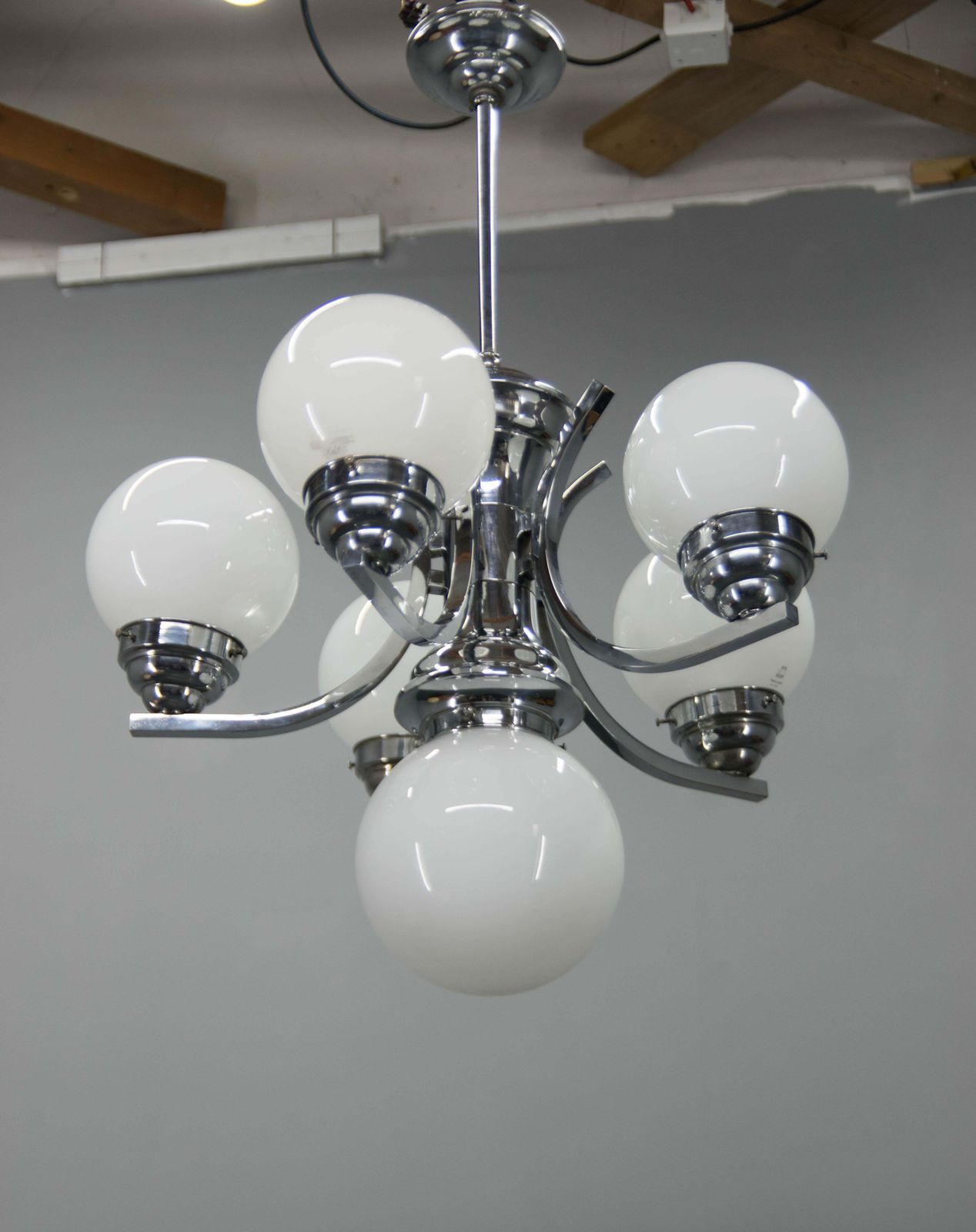 Big Art Deco 6 Flamming Chrome And Glass Chandelier, 1930s photo 1253.0