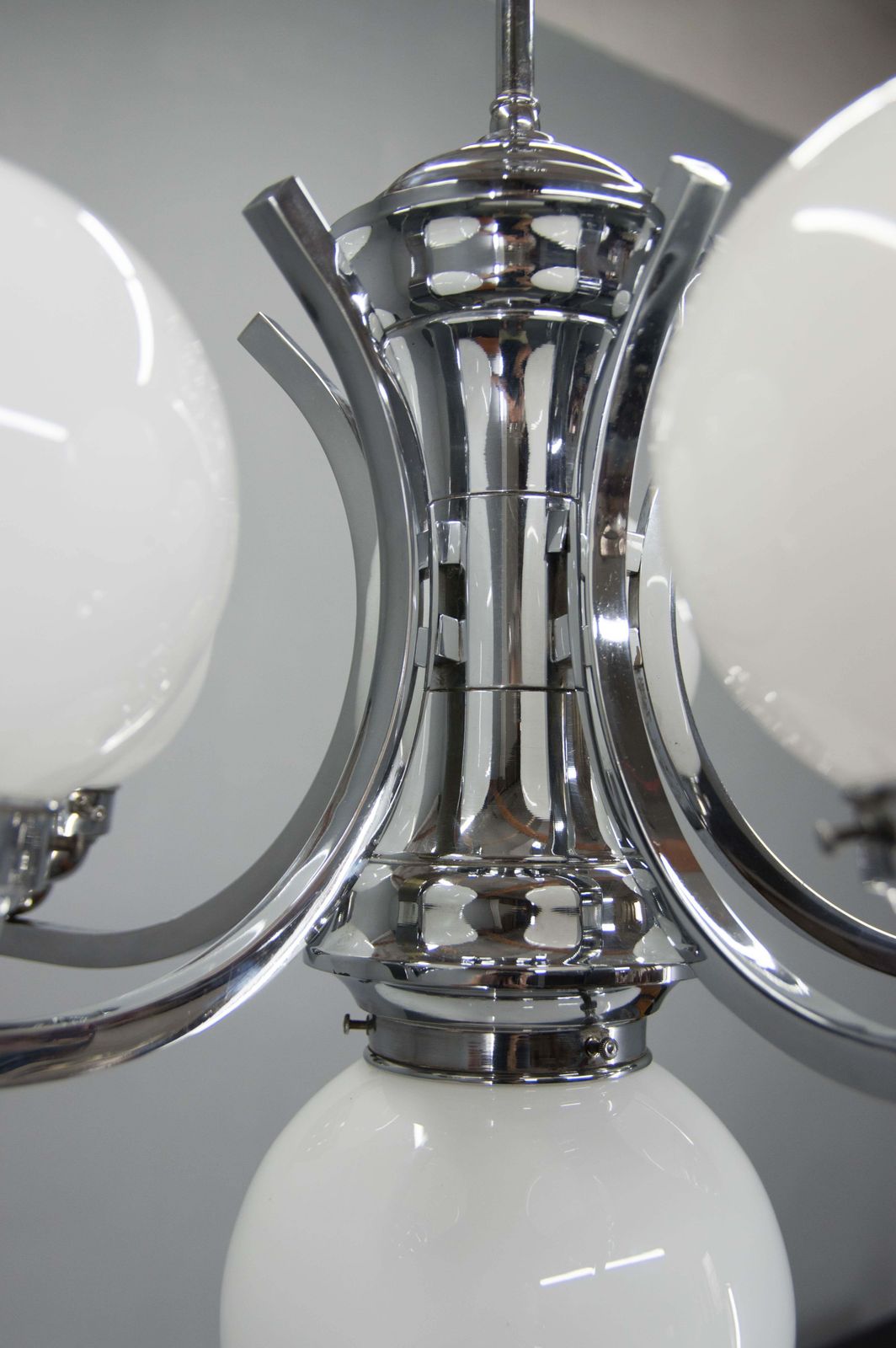 Big Art Deco 6 Flamming Chrome And Glass Chandelier, 1930s photo buy