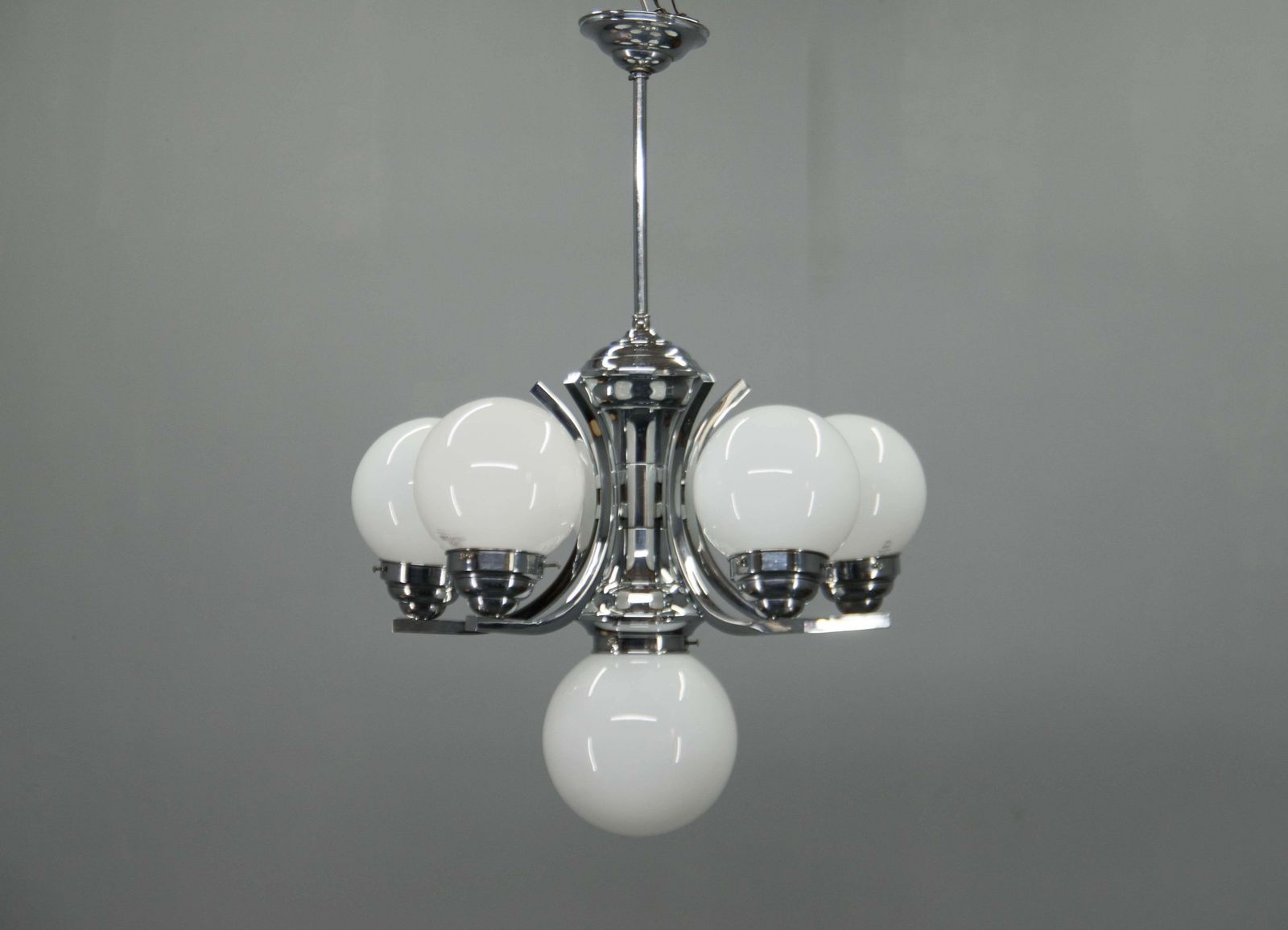 Lighting Big Art Deco 6 Flamming Chrome And Glass Chandelier, 1930s photo