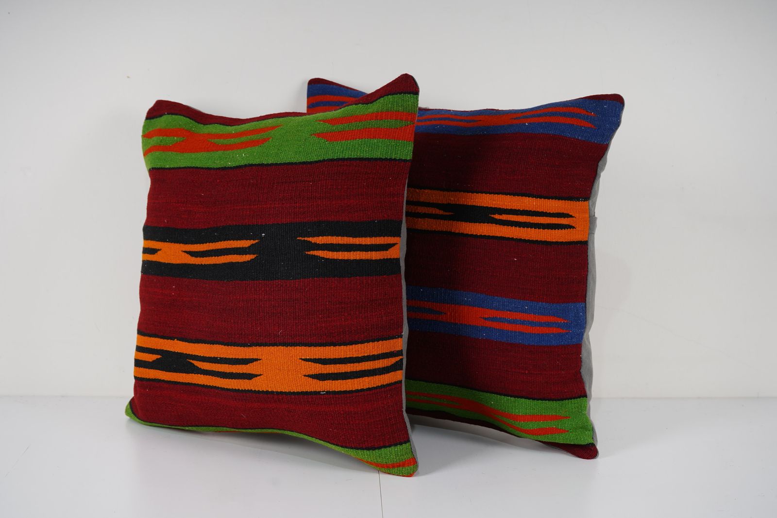 Set Of Two Geometric Kilim Pillow Cases Made From A Boho Anatolian Handwoven Textile   Tribal Ethnic Sofa Cushion photo for sale