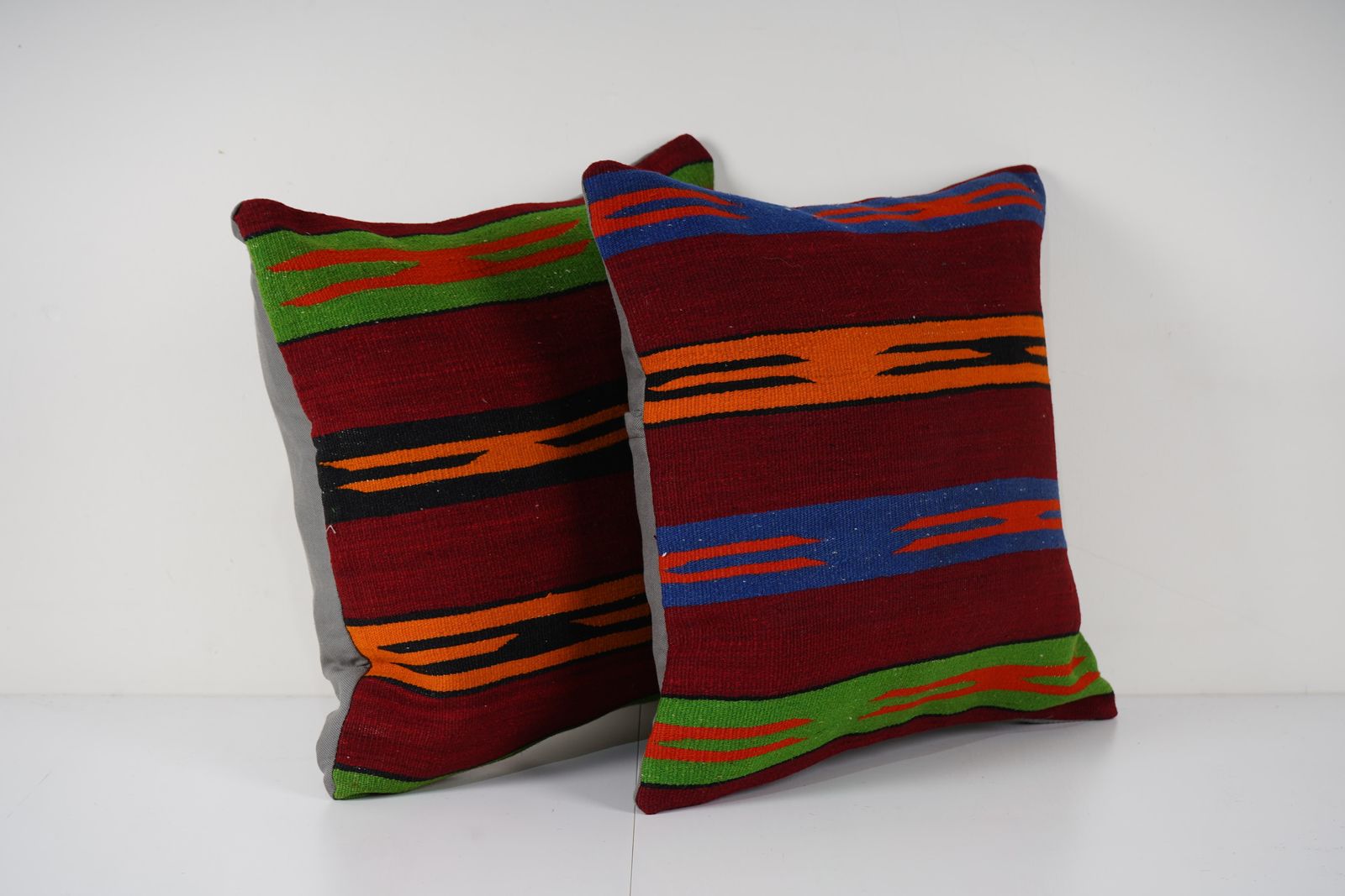 Set Of Two Geometric Kilim Pillow Cases Made From A Boho Anatolian Handwoven Textile   Tribal Ethnic Sofa Cushion photo Textiles