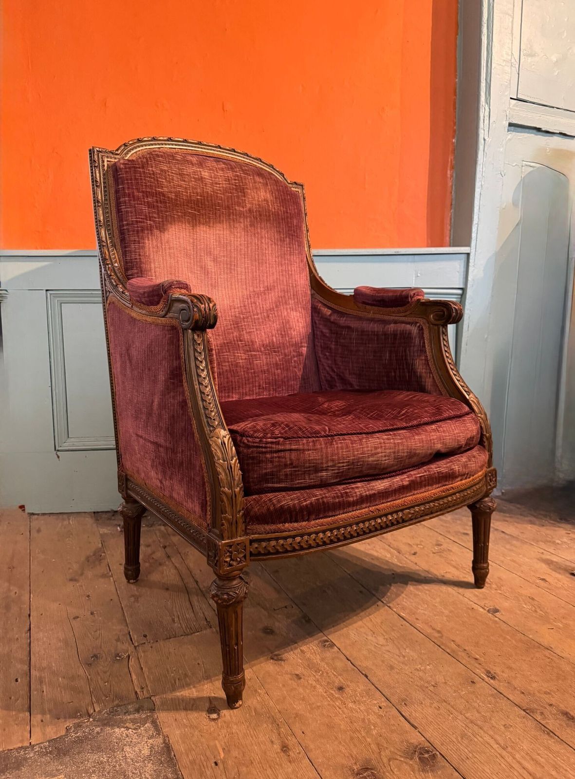 Antique French Louis XVI Revival Carved Walnut Armchair
