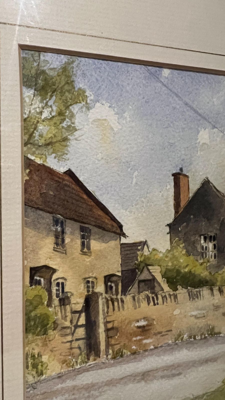 Charming Framed Watercolour Of Tissington Village, Derbyshire With Custom Natural Wood Frame photo vinterior