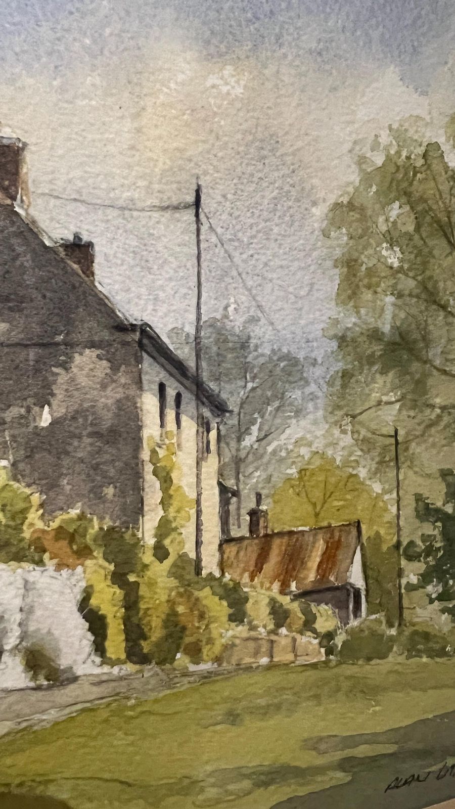 Charming Framed Watercolour Of Tissington Village, Derbyshire With Custom Natural Wood Frame photo buy