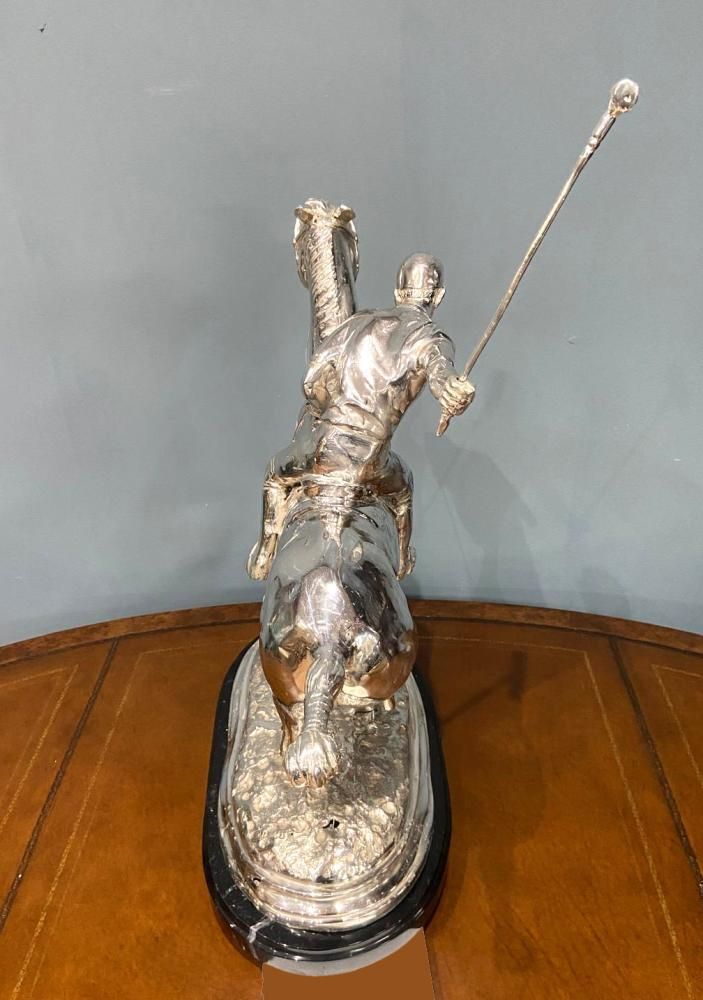 Silver Plated Polo Player Bronze Statue Horse Jockey Plate photo Art