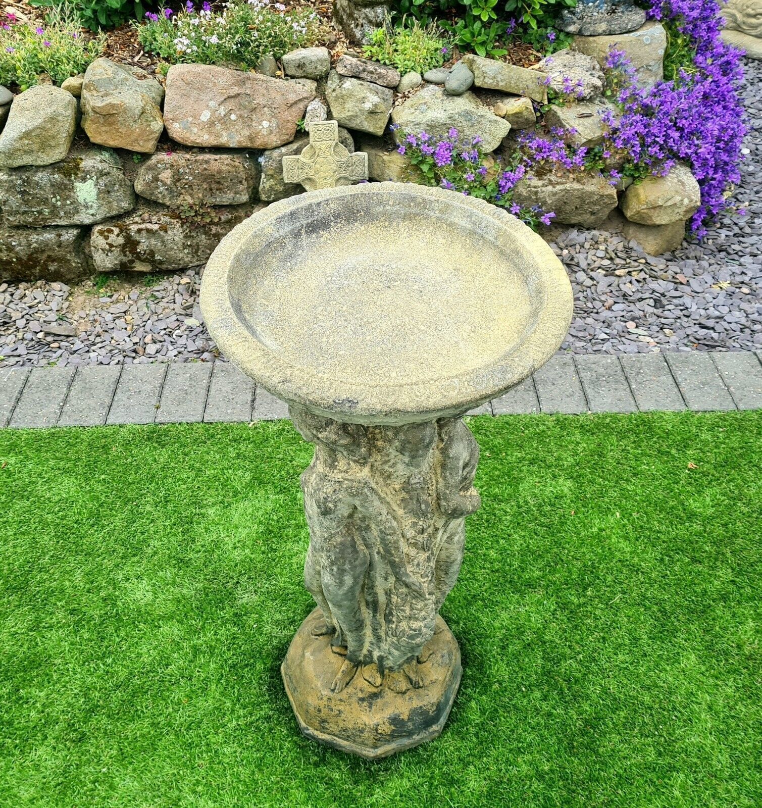 Superb Vintage 3 Graces Bird Bath English Country Stone 0181. photo for sale