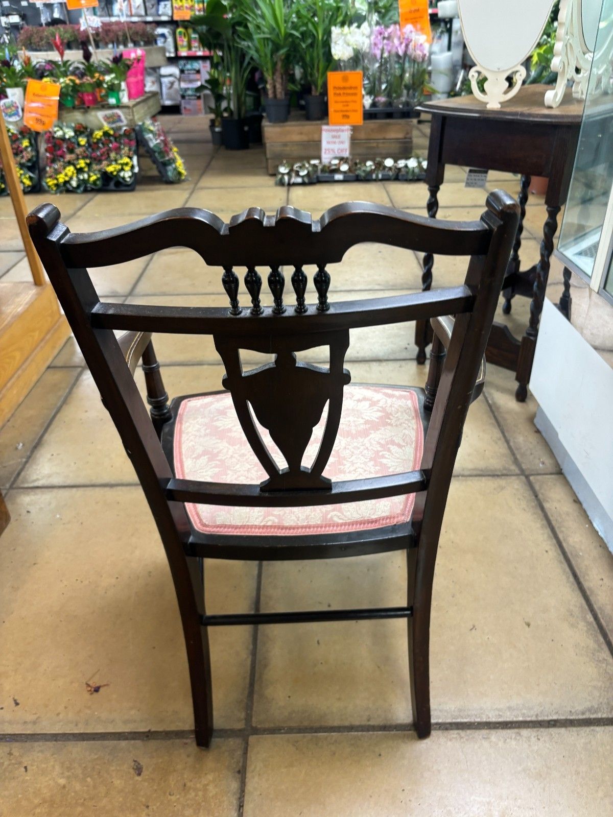 photo furniture Antique Victorian Mahogany Bedroom Chair With Marquetry & Reupholstered Base