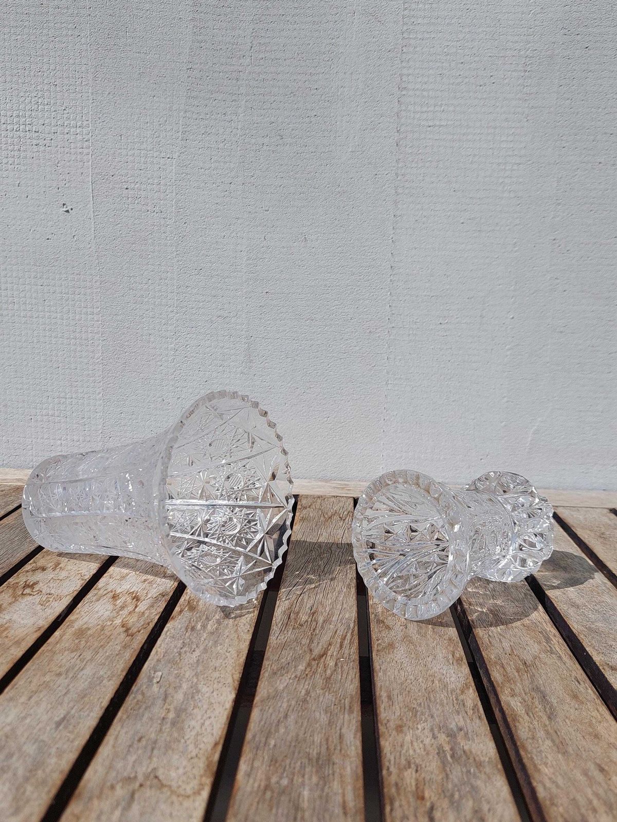 Vintage Hand Cut Crystal Glass Vases / Two Crystal Glass Vases / Small Crystal Vases / Mcm Hand Cut Crystal / 70's photo furniture