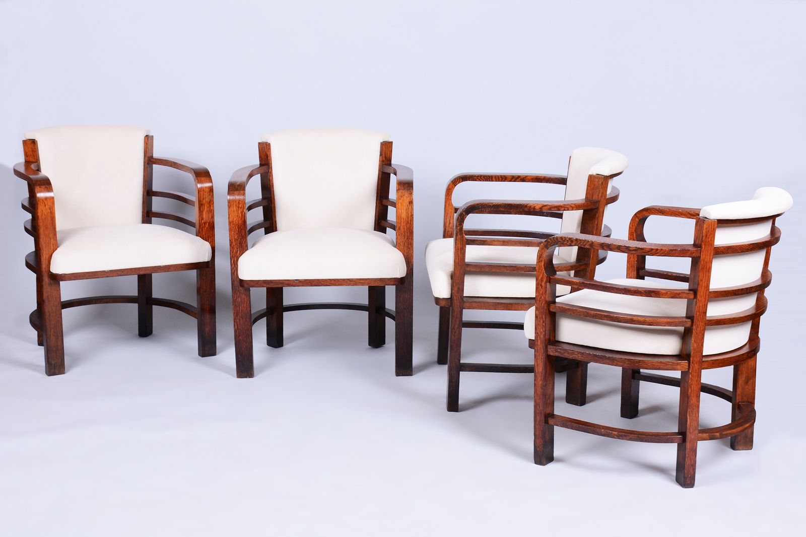 Set Of Four Restored Art Deco Armchairs, By O. Wagner, Oak, Austria, 1910s