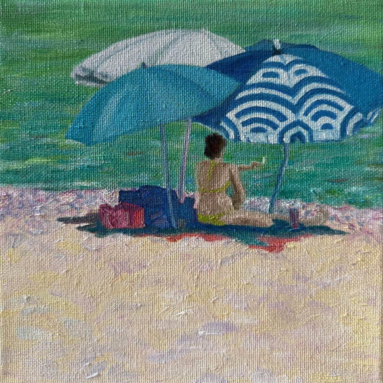 Bernadette Van Baarsen Turquoise, Blue And White Provençal Beach Scene. 'La Sigarette'.2025