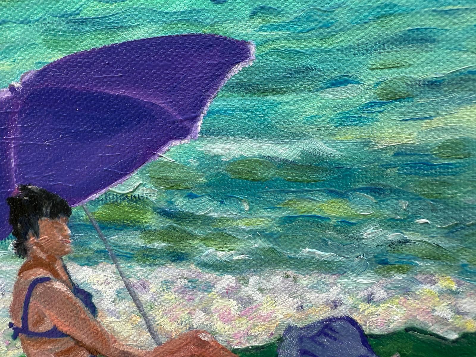 Bernadette Van Baarsen Turquoise & White Provençal Beach Scene In Oil On Canvas. 'Dame En Violet'.2025 photo vintage
