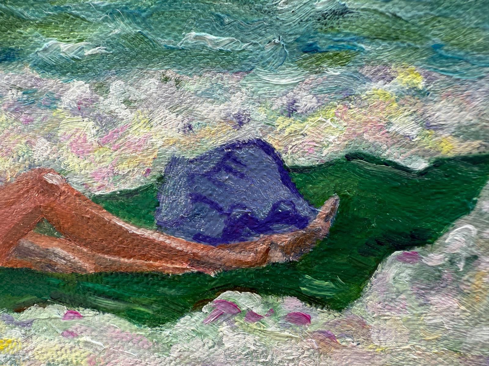 photo for sale Bernadette Van Baarsen Turquoise & White Provençal Beach Scene In Oil On Canvas. 'Dame En Violet'.2025
