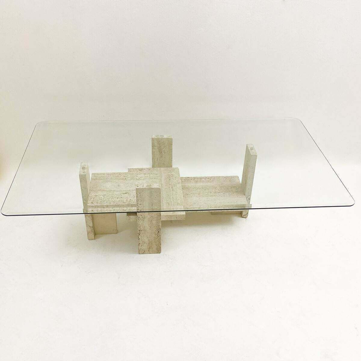Mid Century Modern Glass And Travertine Coffee Table, Willy Ballez, 1970s photo furniture