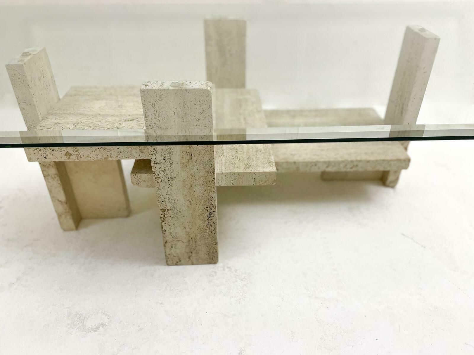 Mid Century Modern Glass And Travertine Coffee Table, Willy Ballez, 1970s photo Furniture