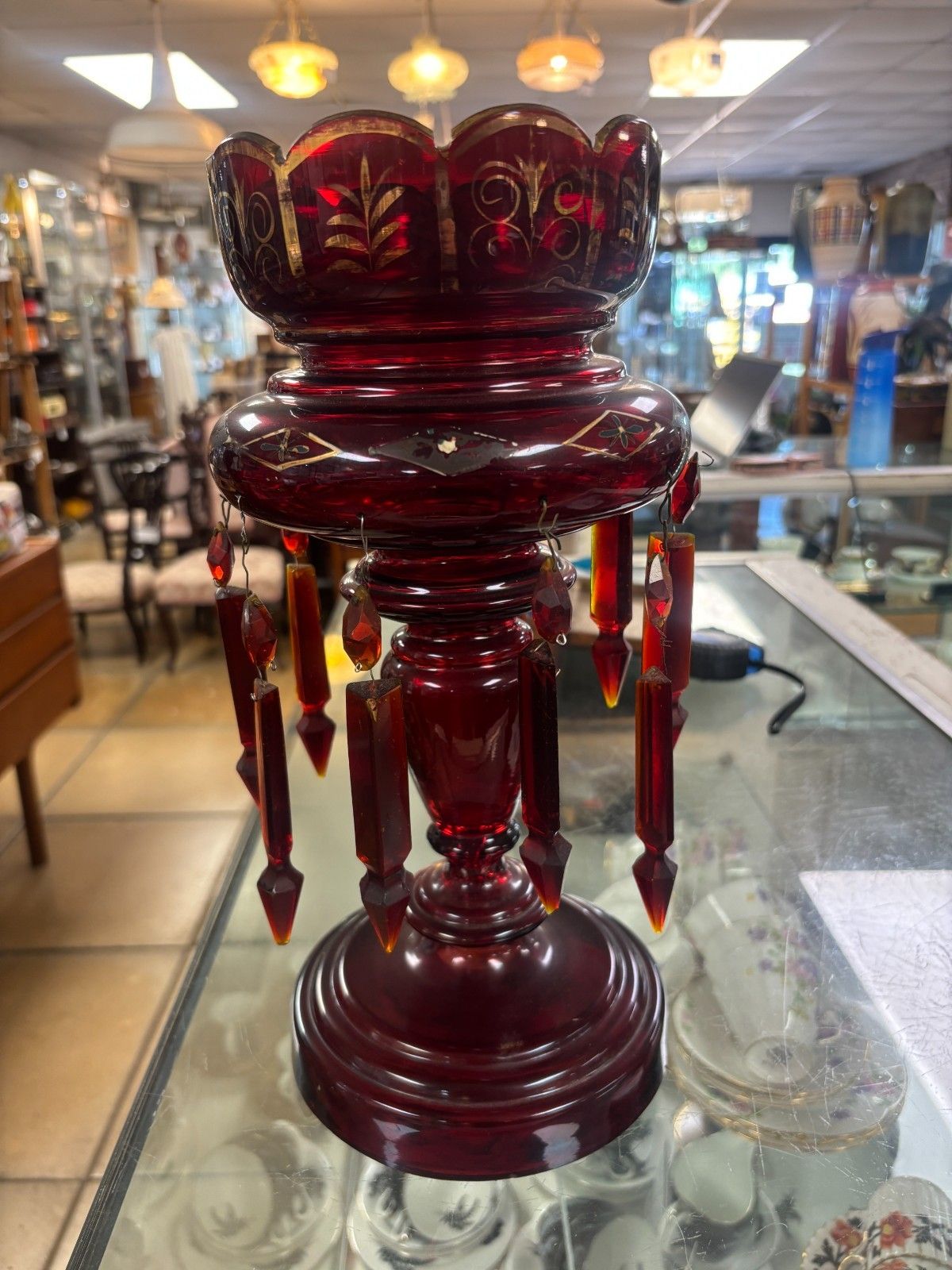 Antique Victorian Cranberry Glass Lustre As Found photo 95.0