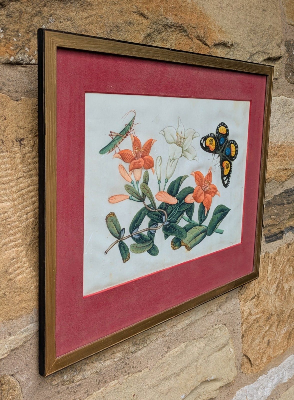 Antique Chinese Watercolour Painting Butterflies & Blossom photo furniture