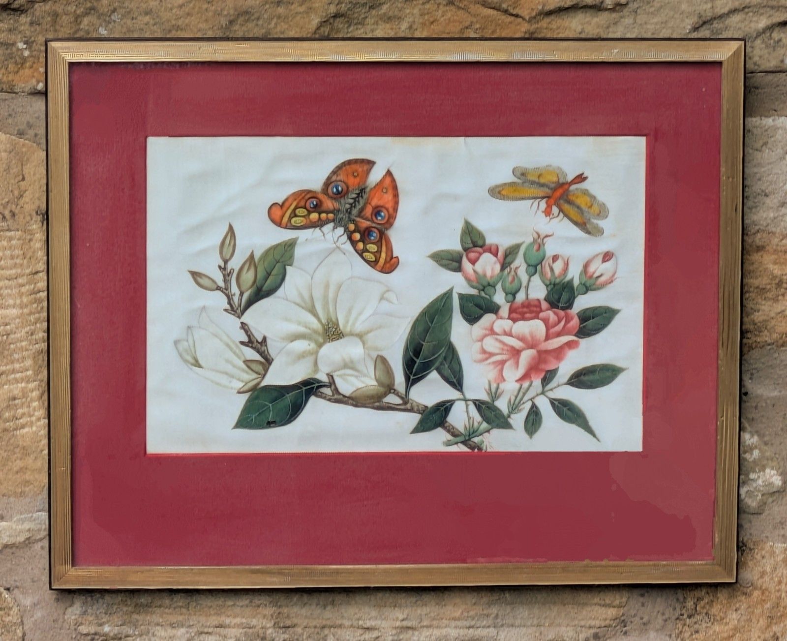 Antique Chinese Watercolour Painting Butterflies And Blossoms