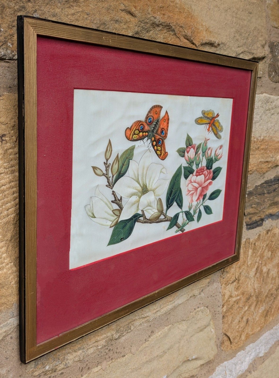 Antique Chinese Watercolour Painting Butterflies And Blossoms photo for sale