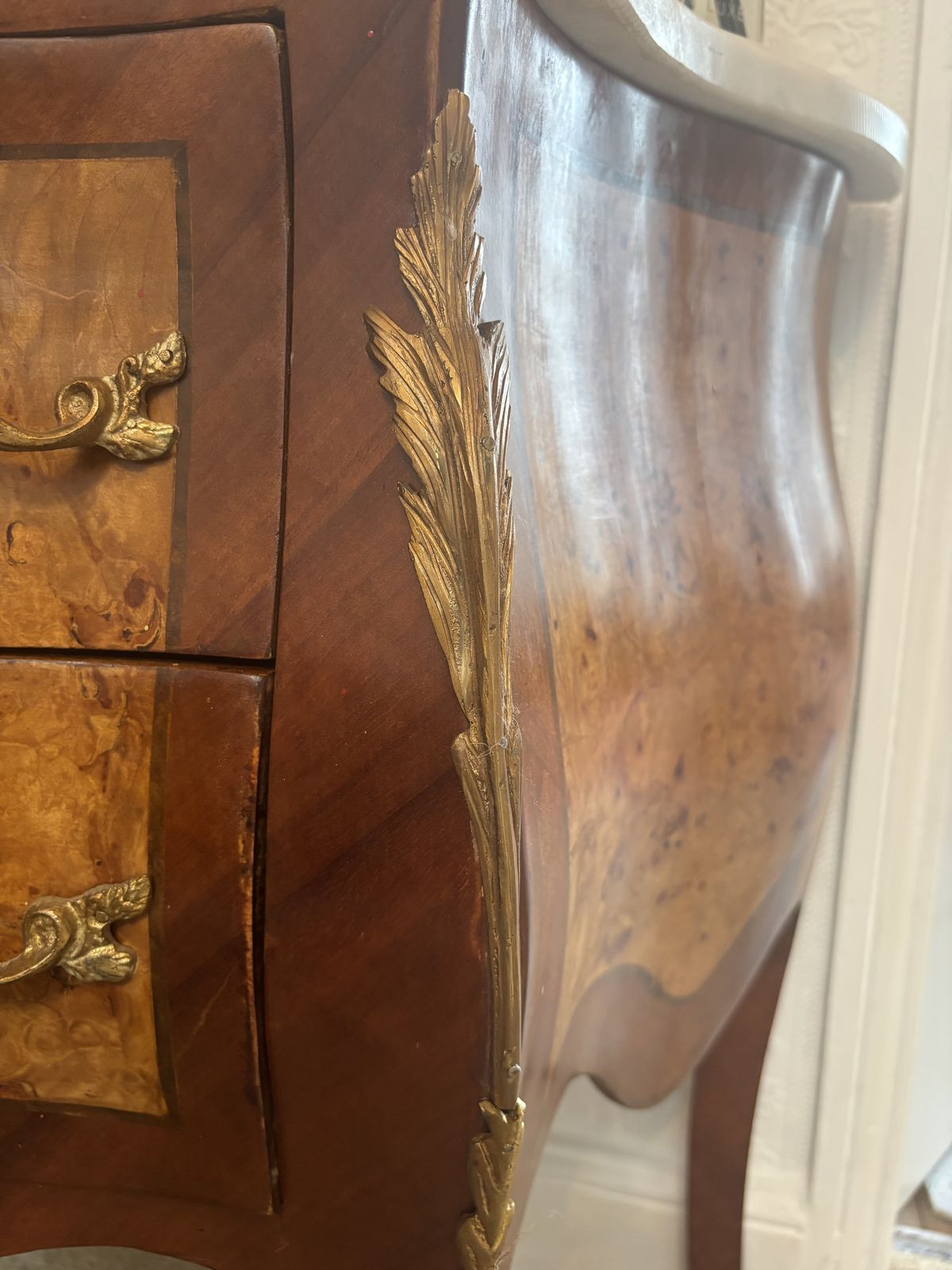 French Serpentine Walnut Veneered Commode/ Chest Of Drawers With Marble Top And Gilt Decoration photo furniture