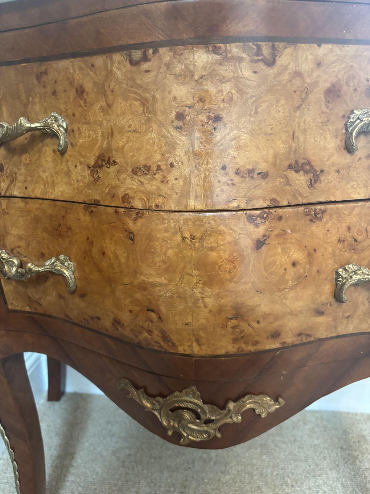 French Serpentine Walnut Veneered Commode/ Chest Of Drawers With Marble Top And Gilt Decoration photo Furniture
