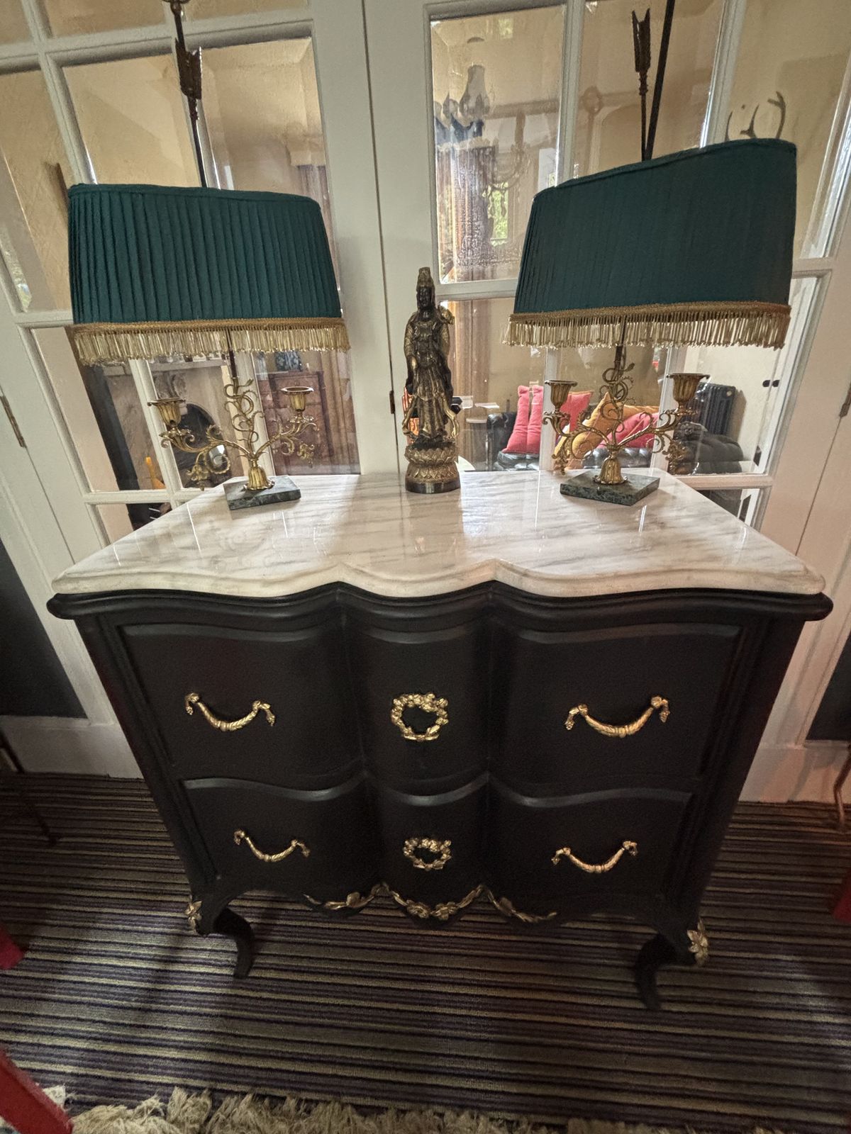 Ebonised Serpentine Fronted French Drawers With Marble Top And Gilt Decorations photo Furniture