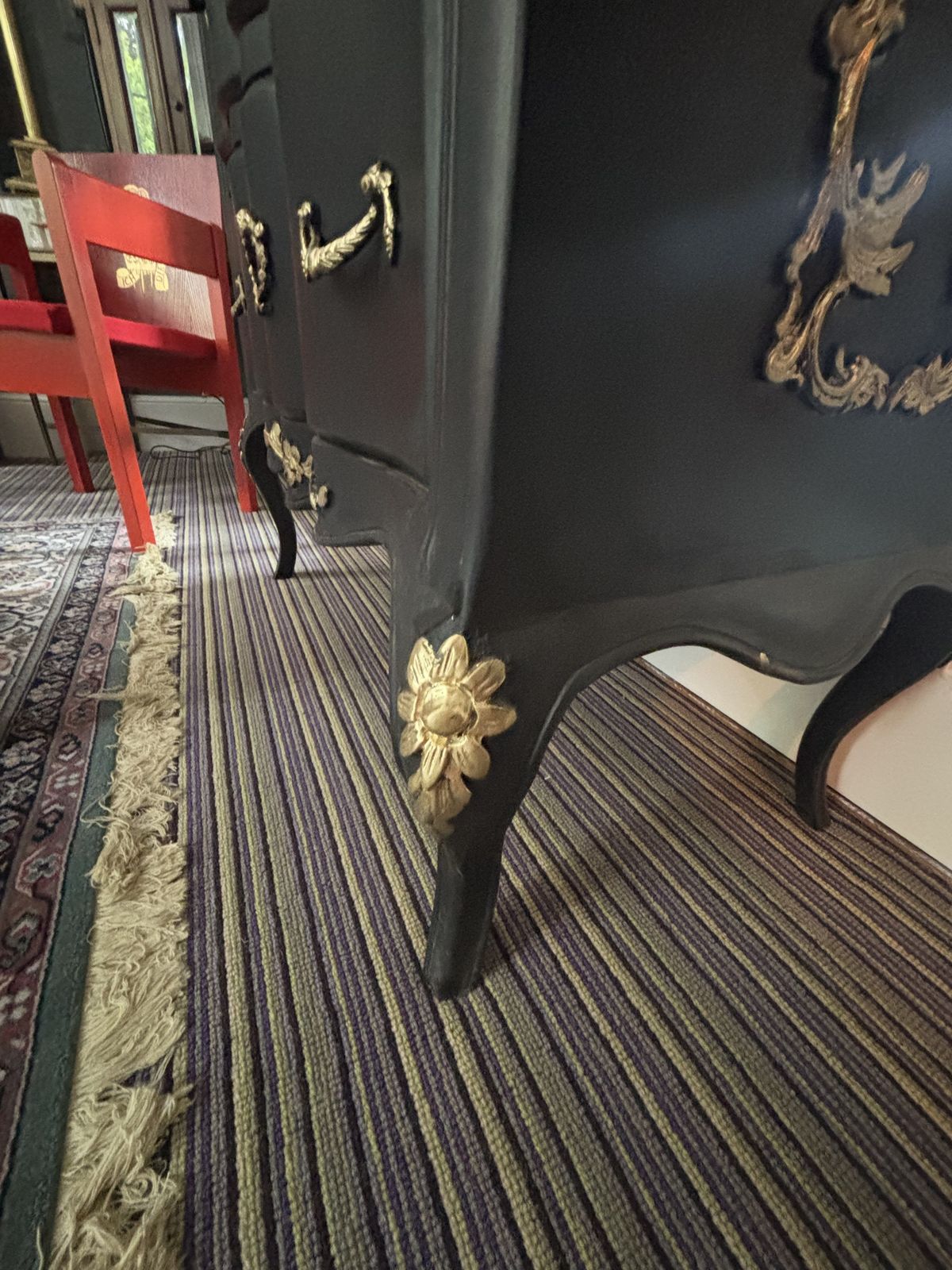 Ebonised Serpentine Fronted French Drawers With Marble Top And Gilt Decorations photo buy