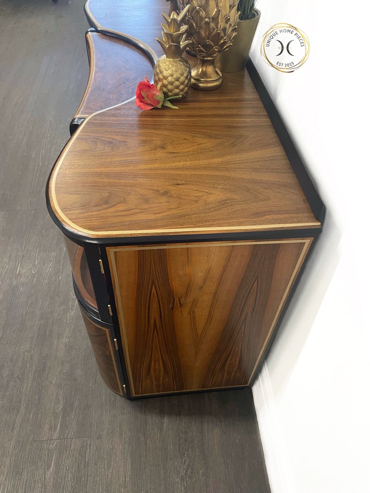 photo for sale Beautility Navy Blue Gold Walnut 1950s Cocktail Cabinet