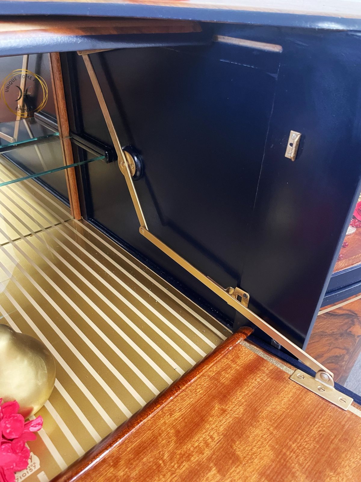 1895.0 Beautility Navy Blue Gold Walnut 1950s Cocktail Cabinet photo