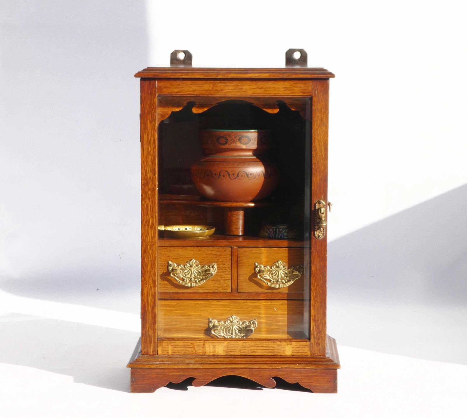 Edwardian Antique Oak Smokers Cabinet, Small Humidor Cabinet With Brass Details And Ceramic Pot With Plates, Wooden Display With Drawers photo furniture