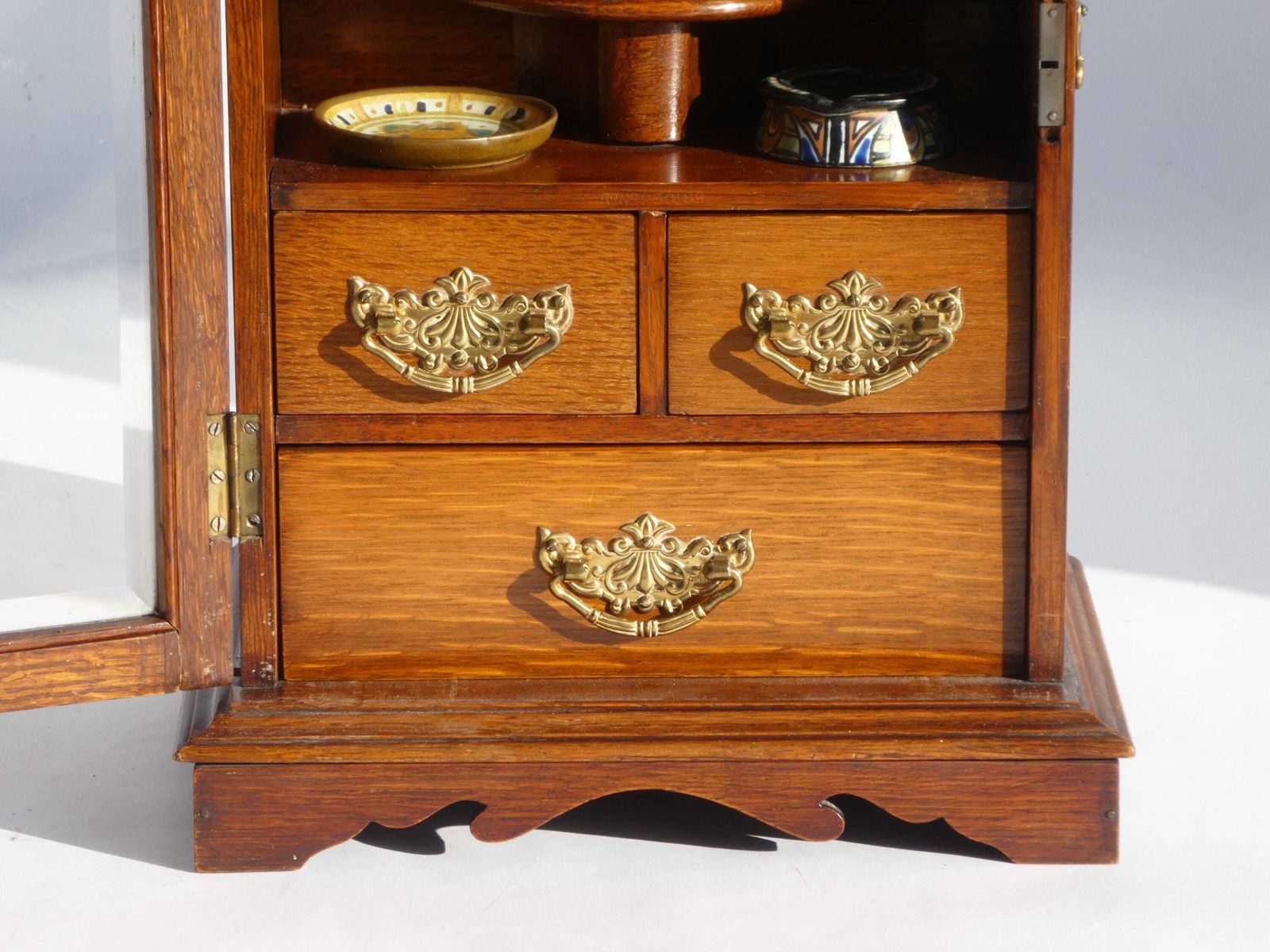 Edwardian Antique Oak Smokers Cabinet, Small Humidor Cabinet With Brass Details And Ceramic Pot With Plates, Wooden Display With Drawers photo for sale