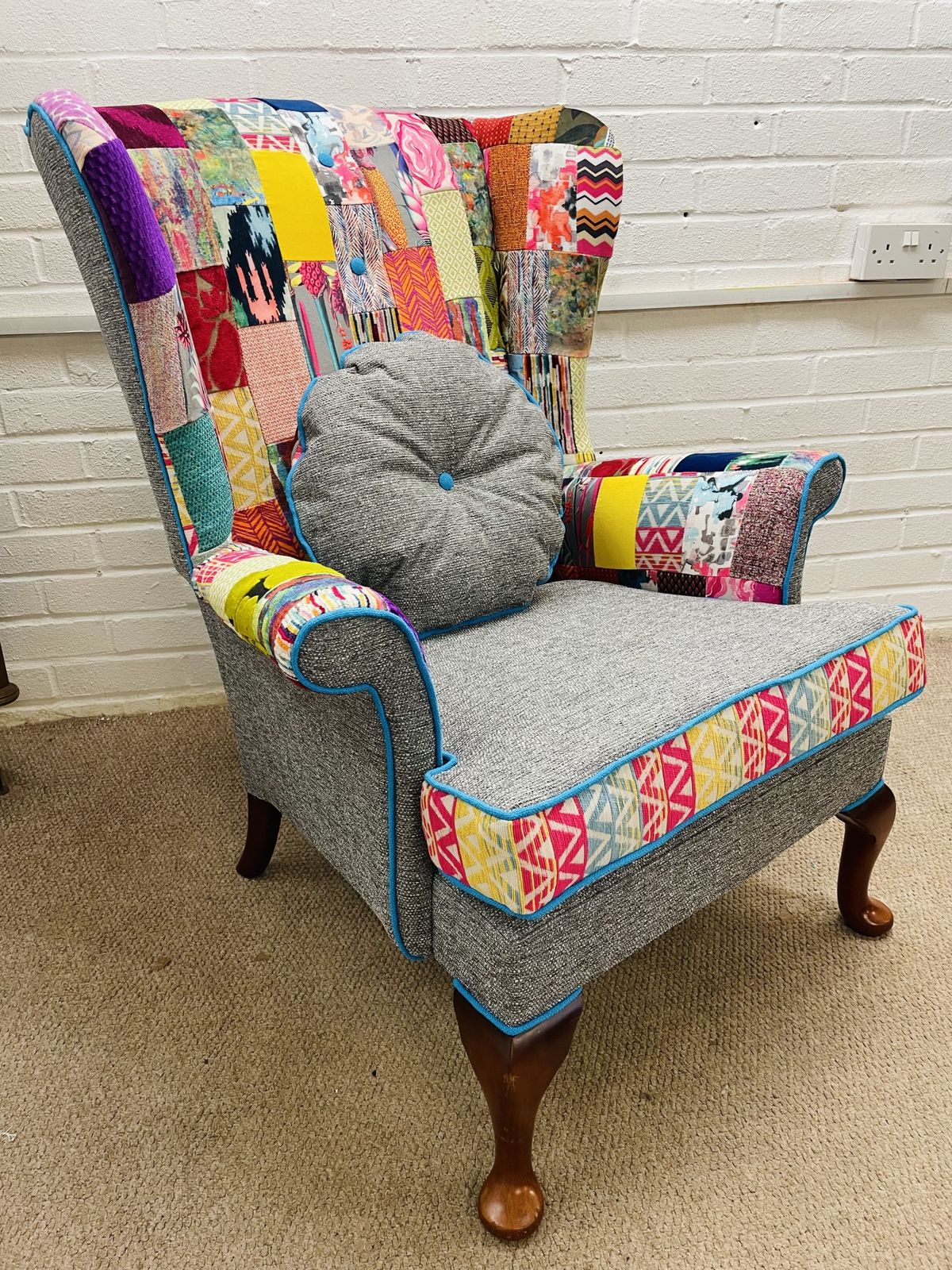 Parker Knoll Wingback Chair Reupholstered In Bright Colours Patchwork Design photo for sale