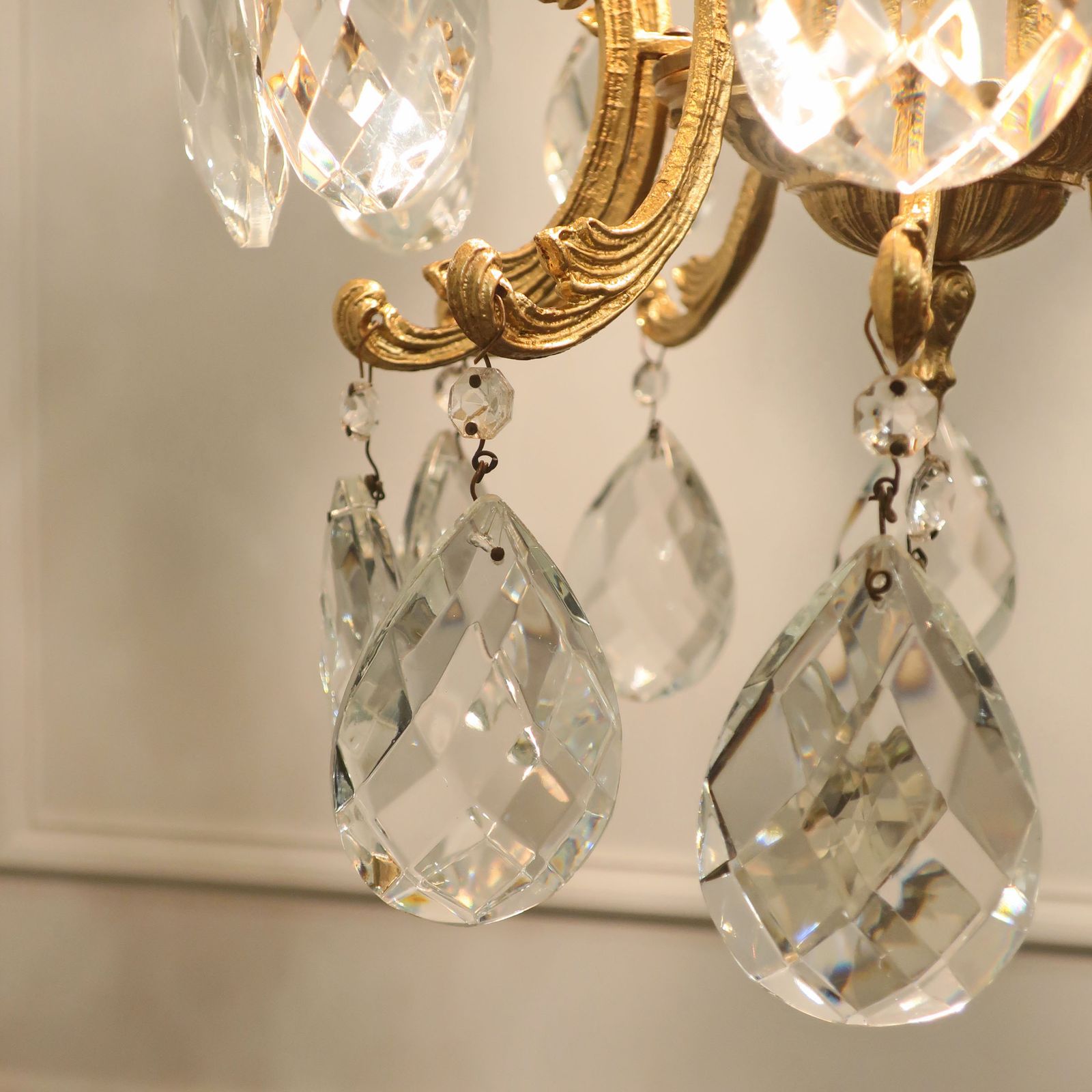 photo furniture French Mid Century Brass & Faceted Glass Chandelier