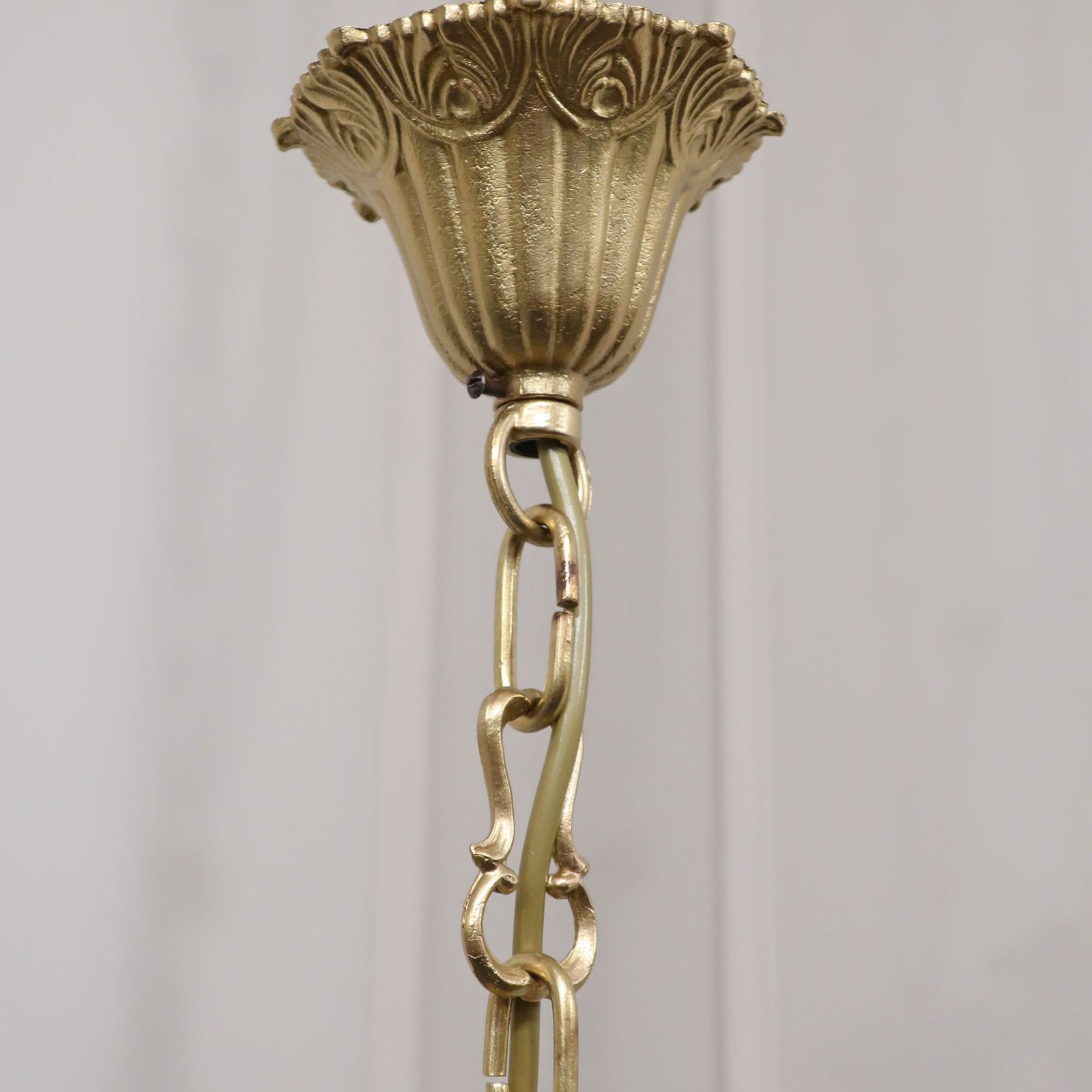 photo for sale French Mid Century Brass & Faceted Glass Chandelier