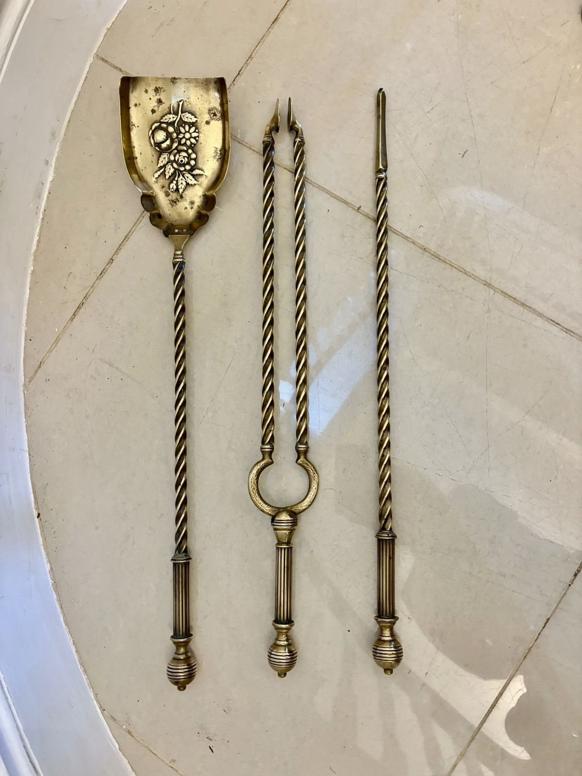 Set Of Quality Antique 19th Century Brass Fire Irons And Dogs photo Home Fixtures
