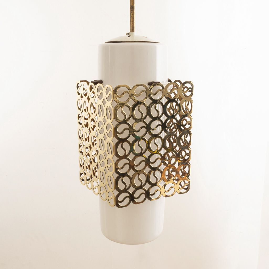 Brutalist Ceiling Light With Opaline Glass Shade & Pierced Brass Diffuser With Yin Yang Motif C.1960