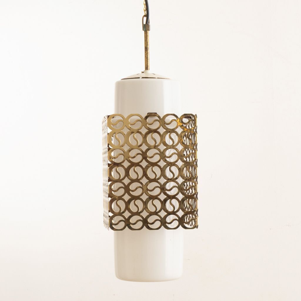Brutalist Ceiling Light With Opaline Glass Shade & Pierced Brass Diffuser With Yin Yang Motif C.1960 photo furniture