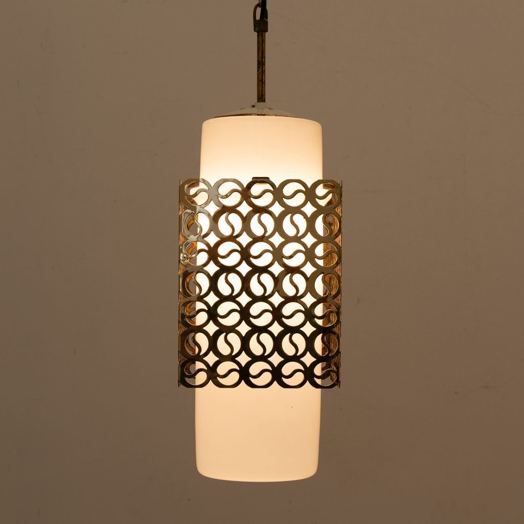 Brutalist Ceiling Light With Opaline Glass Shade & Pierced Brass Diffuser With Yin Yang Motif C.1960 photo for sale