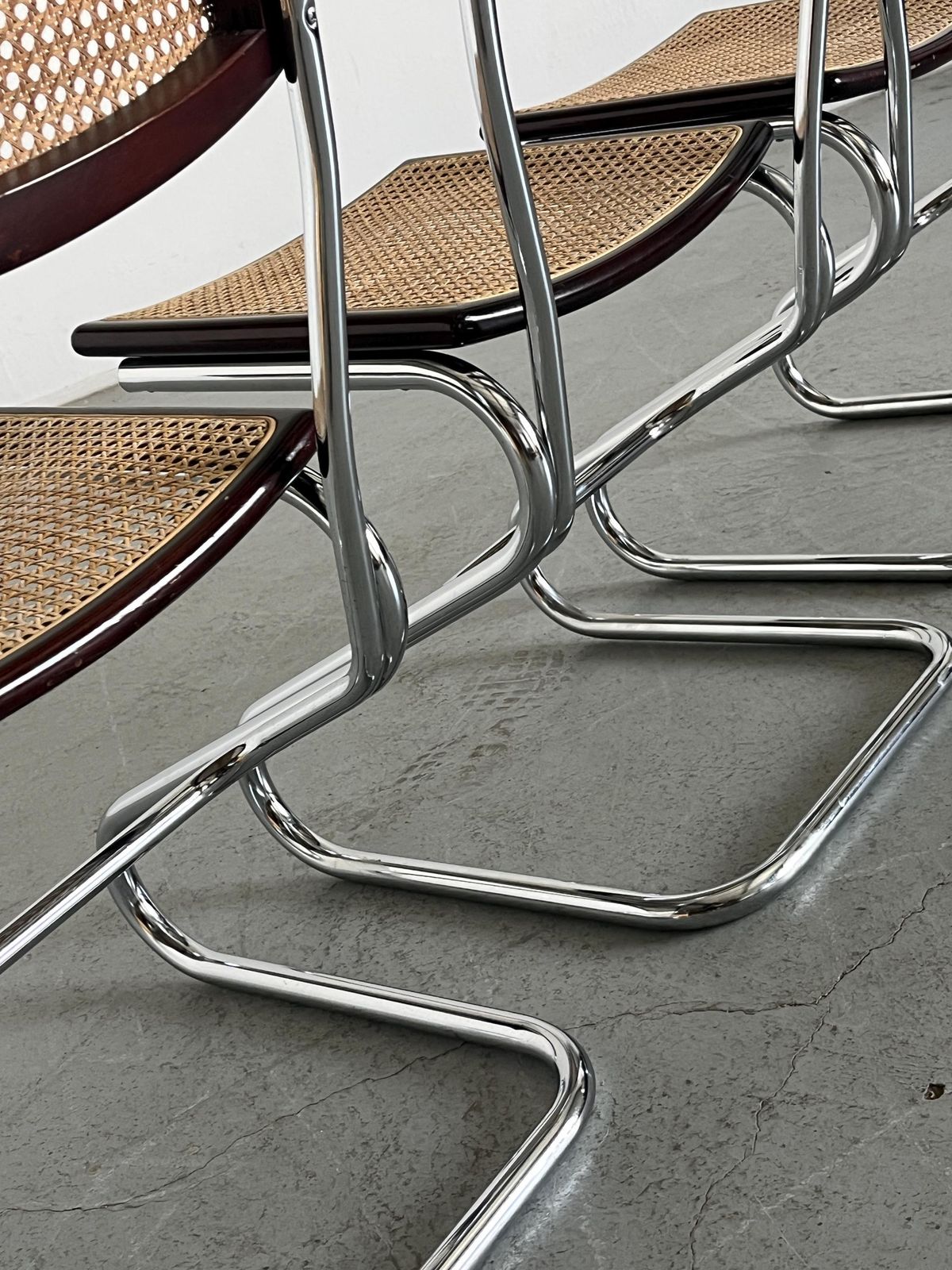 1 Of 3 Vintage Cantilever Dining Chairs In Wood, Wickered Cane And Chrome In The Style Of Marcel Breuer, Mid Century Modern, 1970s Italy photo buy