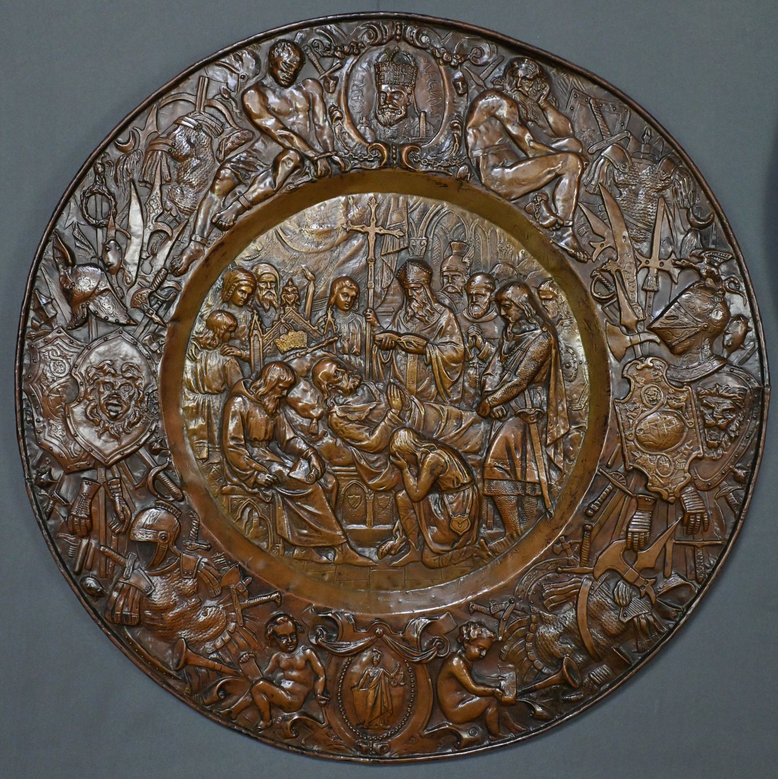 Pair Of Important “Charlemagne” Embossed Copper Trays – Late 19th Century photo buy
