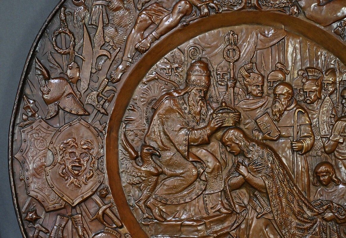 photo buy Pair Of Important “Charlemagne” Embossed Copper Trays – Late 19th Century