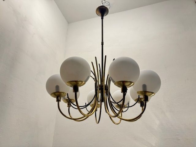 Large Brass Chandelier With White Glass Shades, Italy, 1960s photo for sale