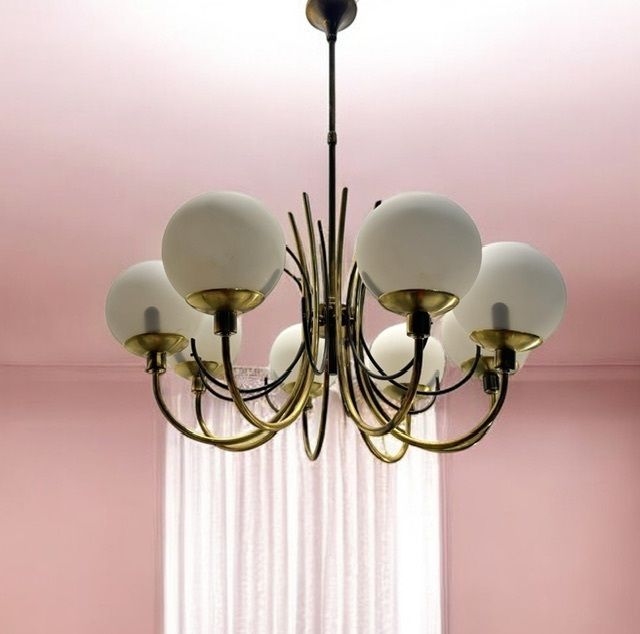 Large Brass Chandelier With White Glass Shades, Italy, 1960s photo Lighting