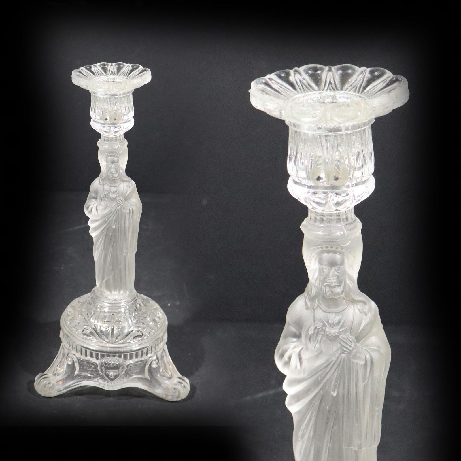 Art Deco Sacred Heart Jesus Statue Candle Holder Antique Frosted Satin Glass Candlestick Religious Altar